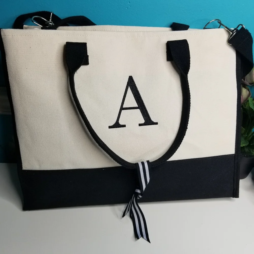 Monogrammed Black & Ivory Tote Bag - Picture 3 of 9